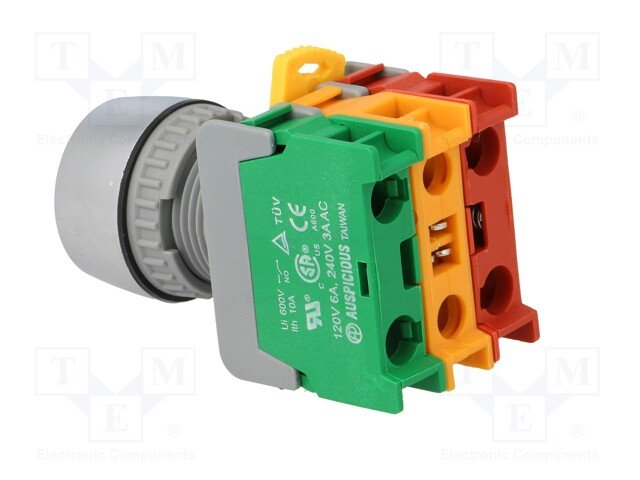 Paneļu slēdzejs, 22mm, 2 poz., ON-OFF, IP65, 3A/230VAC, sark. ar apgaism., divi kont. uz sasl/atslēg.