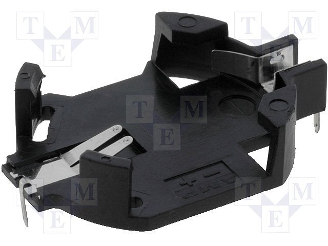 Bateriju turētājs CR2032, plastmasas, horizontals, melna, THT, 1 baterija