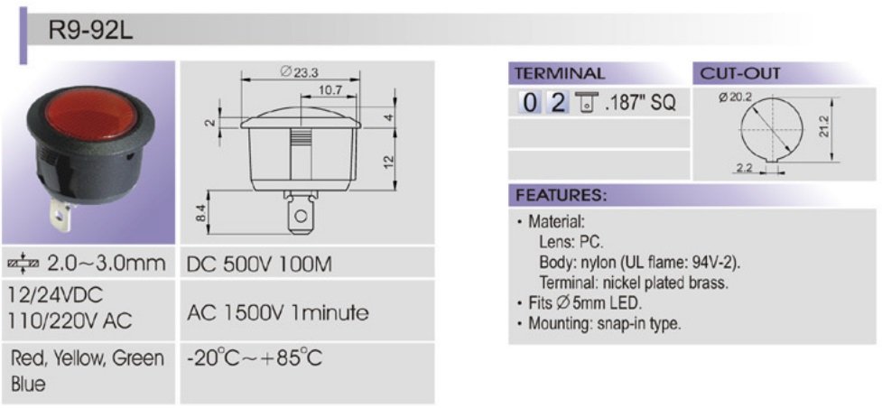 Gaismas diožu lampiņa 24V DC snap-in, sarkana krasa
