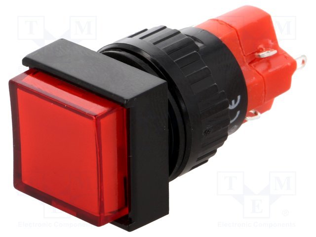 Poga SPDT, ON-ON, 3A/250VAC, 2A/24VDC, LED24VAC/DC, sarkanā krasa, lodejama, 18x18x45mm, ar fiksaciju