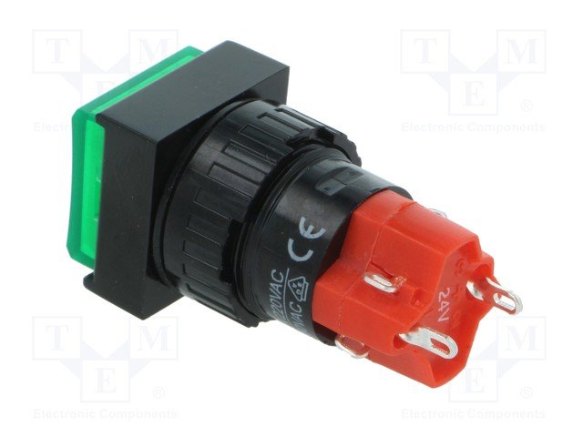 Poga SPDT, ON-ON, 3A/250VAC, 2A/24VDC, LED24VAC/DC, zaļā krasa, lodejama, 18x18x45mm, ar fiksaciju
