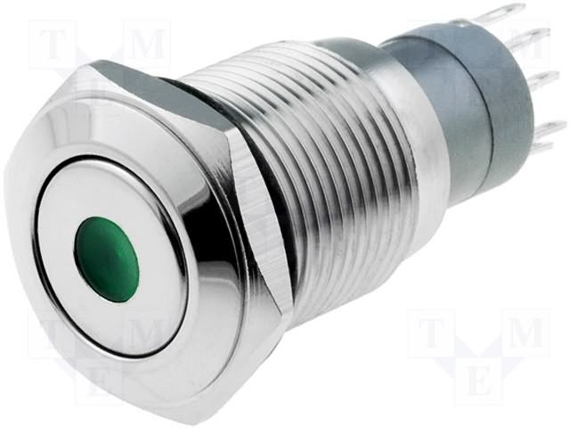 Poga M16x36mm, SPST-NO, ON-ON, 0.5A/220VAC, 1A/24VDC, IP67, LED24VDC, zaļa centrā, antivandala, ar fiksaciju