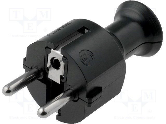 Tikla štekers, Uni-Schuko, 250VAC/16A, 2P+PE, melna krasa, taisns, ar zemi