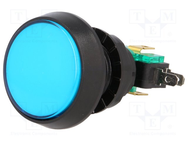 Poga SPDT, ON-(ON), 10A/250VAC, Ø44x70mm, zilā krasa, plastmasas, spailes 4.8x0.5mm, LED12V, viens kontakts uz pārslēgšanu, bez fiksacijas