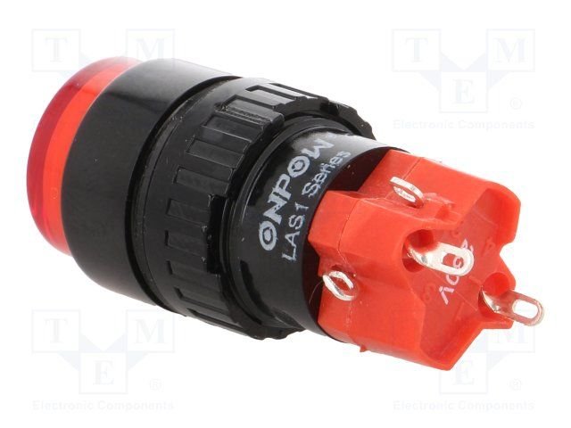 Poga SPDT, ON-ON, 3A/250VAC, 2A/24VDC, IP40, M16, ar apg. LED230ВAC/DC, lodējamie kontakti, sarkanā krasa, ar fiksaciju