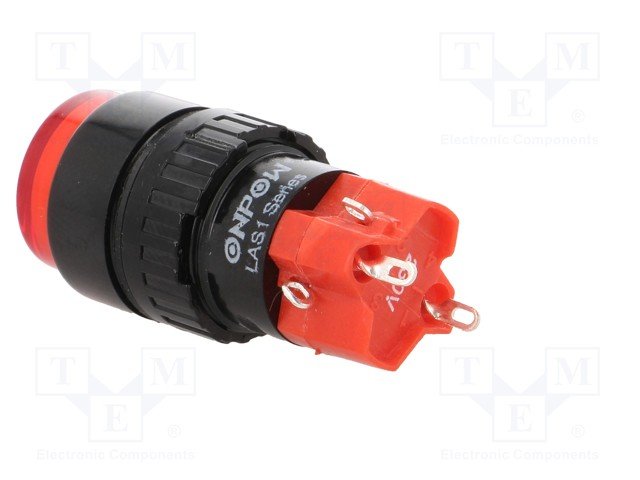 Poga SPDT, ON-ON, 3A/250VAC, 2A/24VDC, IP40, M16, ar apg. LED230ВAC/DC, lodējamie kontakti, sarkanā krasa, ar fiksaciju