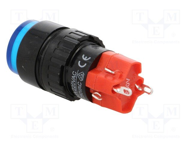 Poga SPDT, ON-ON, 3A/250VAC, 2A/24VDC, IP40, M16, ar apg. LED230ВAC/DC, lodējamie kontakti, zilā krasa, ar fiksaciju