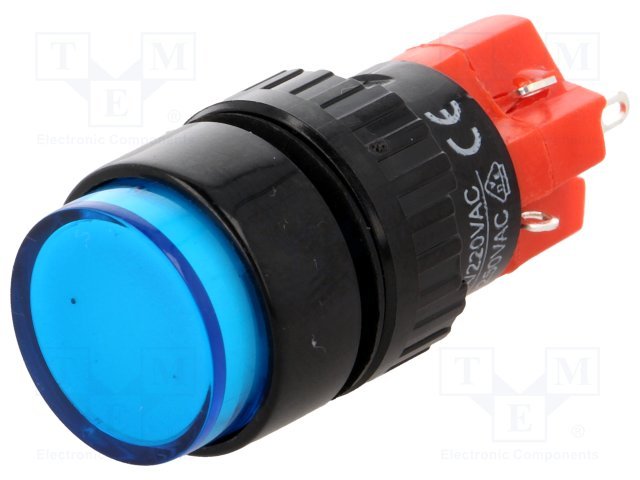 Poga SPDT, ON-ON, 3A/250VAC, 2A/24VDC, IP40, M16, ar apg. LED230ВAC/DC, lodējamie kontakti, zilā krasa, ar fiksaciju