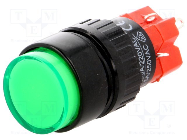 Poga SPDT, ON-ON, 3A/250VAC, 2A/24VDC, IP40, M16, ar apg. LED230ВAC/DC, lodējamie kontakti, zaļā krasa, ar fiksaciju