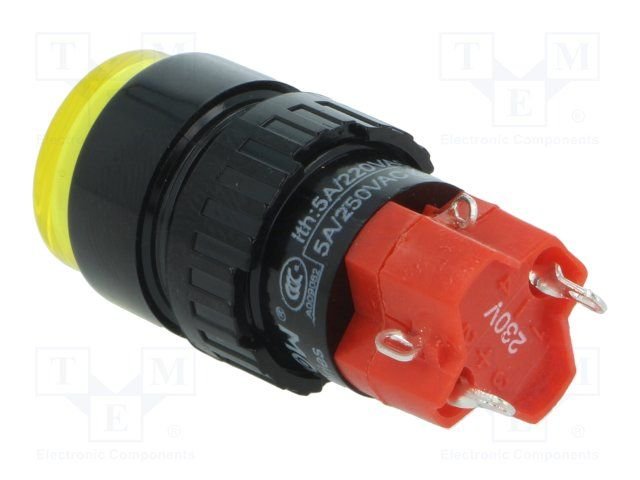 Poga SPDT, ON-ON, 3A/250VAC, 2A/24VDC, IP40, M16, ar apg. LED230ВAC/DC, lodējamie kontakti, dzeltenā krasa, ar fiksaciju