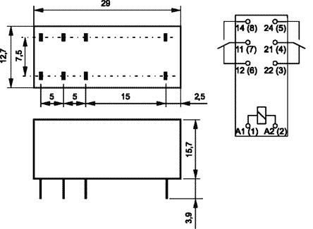 Relejs 110VAC, DPDT, 2x8A/250VAC, 2x8A/24VDC, 8.9kΩ(12mA), IP67, divi kontakti, 29.0x12.7x15.7mm, RELPOL