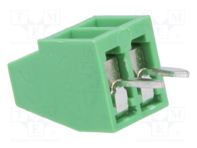 Terminal blocks PCB, 2pin, 2.54mm, 1.0mm2, 130V/8A, 5x6.27x8.5mm, leņķisks 90°