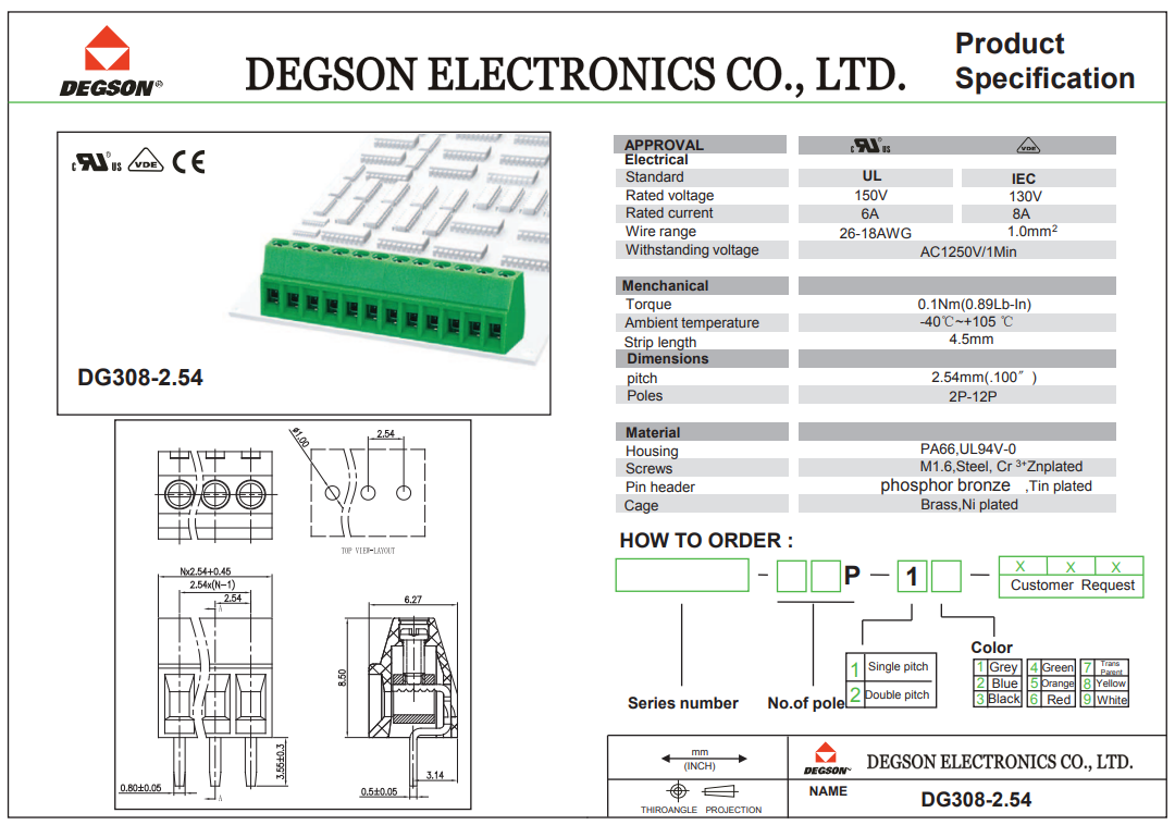 Terminal blocks PCB, 2pin, 2.54mm, 1.0mm2, 130V/8A, 5x6.27x8.5mm, leņķisks 90°