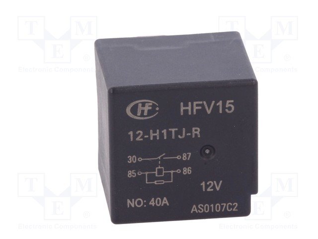 Relejs DC12V, SPST-NO, 40A/12VDC, 79.5R(150mA), viens kontakts uz sasslēgšanu, 26x26x22,7mm, HONGFA RELAY