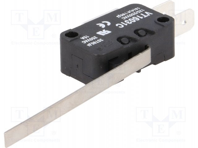 Mikropārslēdzējs ar sviru L=54mm, SPDT, ON-(ON), 14A/250VAC, IP40, konektori 6.3x0.8mm, 27.8x10.3x18.8mm, viens kontakts uz pārslēgšanu