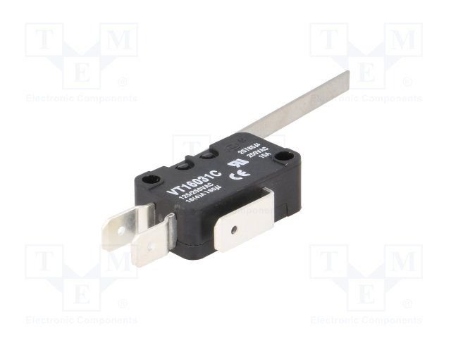 Mikropārslēdzējs ar sviru L=54mm, SPDT, ON-(ON), 14A/250VAC, IP40, konektori 6.3x0.8mm, 27.8x10.3x18.8mm, viens kontakts uz pārslēgšanu