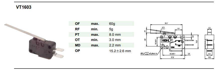 Mikropārslēdzējs ar sviru L=54mm, SPDT, ON-(ON), 14A/250VAC, IP40, konektori 6.3x0.8mm, 27.8x10.3x18.8mm, viens kontakts uz pārslēgšanu