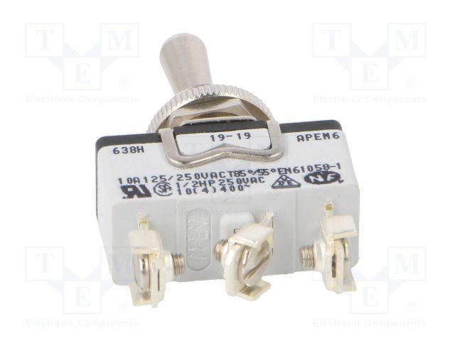 Tumblers, SP3T, ON-OFF-(ON), 10A/250VAC, 5A/24VDC, screw terminals, M12, 29.5x14.5x15mm, APEM, veina puse ar fiksaciju, otra bēz fiksacijas