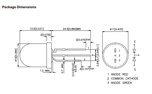 10mm, zaļš+sarkans ar kopīgo katodu, 50/80mcd, 2...2.5/2...2.5V/20mA, 50°, 565/625nm, matēta, gaismas diode