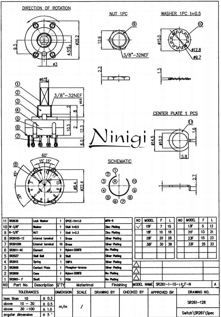 Galetes parslēdzejs 1=>10 kontakts, 0.30A/125V, BBM (non-shorting), 6mm, Lass=15mm