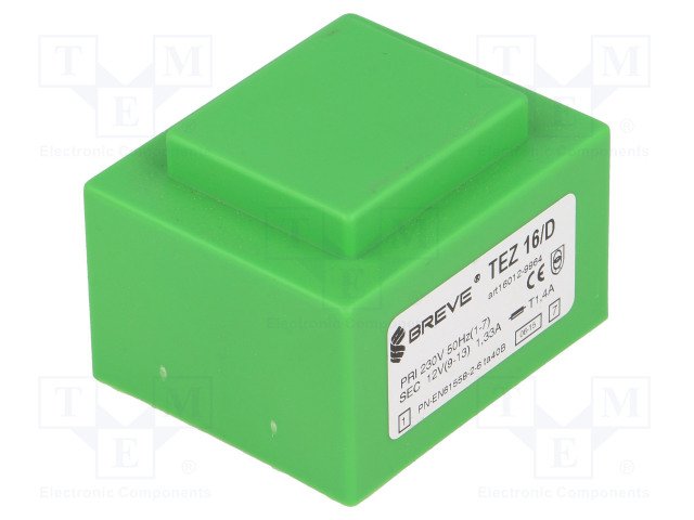 Transformators 220V=>12V, 1333mA, 16VA, 57x47x39mm