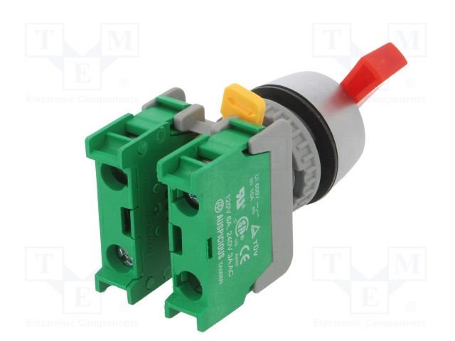 Paneļu slēdzejs, 22mm, 2 poz., OFF-(ON), IP65, 3A/230VAC, sarkans, divi kontaktu uz saslēgšanu, bēz fiksācijas