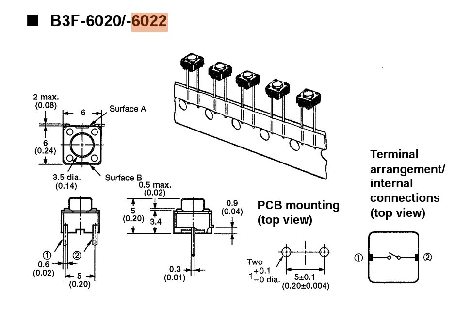 Mikroslēdzejs horizontāls, 6x6x4mm, SPST-NO, OFF-(ON), THT, 0.05A/24VDC, 1.47N, L=1.5mm, garie izvadi, 2pin, OMRON