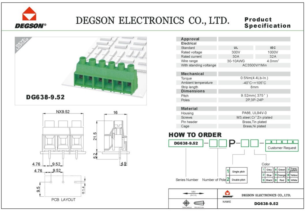 Terminal Blocks PCB, ar skrūvēm, 2pin, 9.52mm, 0.05...4mm2, 1000V/36A, 19x16x21.5mm