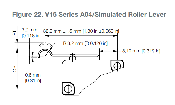 Mikropārslēdzējs ar sviru (ar izliekto galu) L=23mm, SPDT, ON-(ON), 16A/250VAC, IP40, 1.96N, 33x10.3x15.9mm, 4.8x0.5mm, viens kontakts uz parslēgšanu