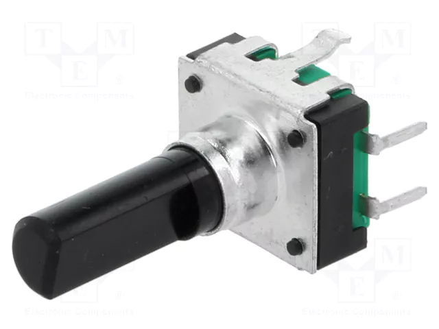 Enkoders, 24imp/revol., 12.4x13.4mm, L=15mm, plastmasas rokturis D=6mm, D-profils, vertikāls, ar spiedpogu, bez vītnes