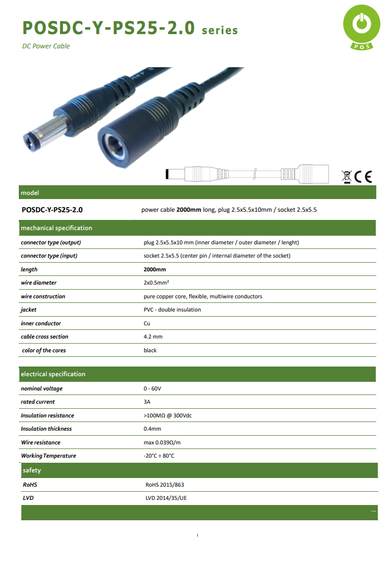 5.5*2.5mm spraudnis/5.5*2.5mm ligzda, L=10mm, pagarinājs, taisns, 60V/3A, 0.5mm2, vads, 2m