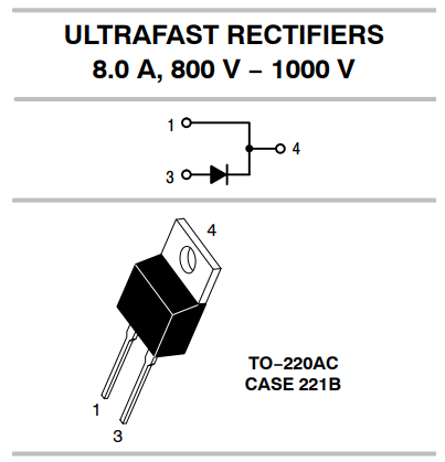 MUR8100EG(U8100) Diode, 1000V, 8A, 100ns, TO-220AC