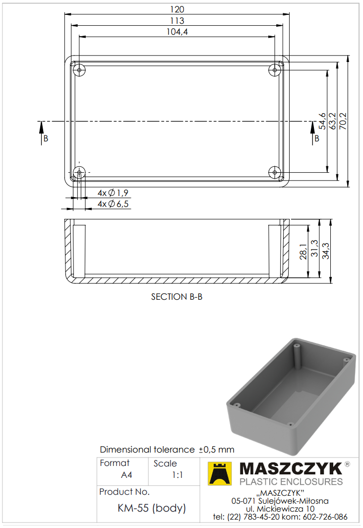 Plastmasas korpuss, 70x120x40mm, ABS, pelekā krasa