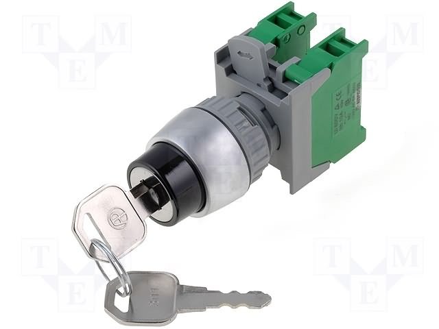 Paneļu slēdzejs, 22mm, 3 poz., ON-OFF-ON, ar atslēgu, IP65, 3A/230VAC, divi kontakti uz saslēgšanu