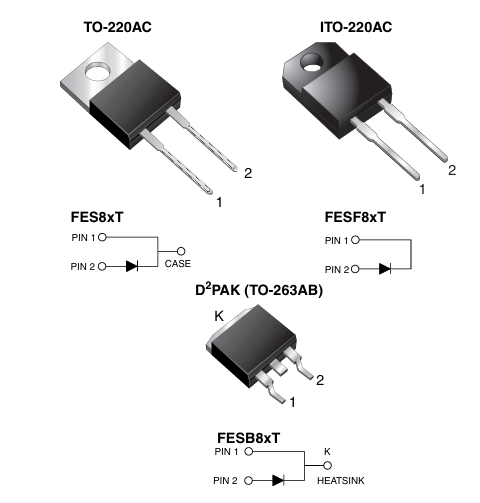 FES8JT, Diode, 600V, 8A, 35ns, (katod-anod), TO-220AC