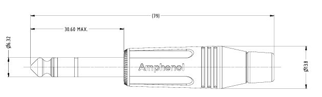 6.35mm štekers, stereo, metālisks, uz vadu, ar amortizatoru, sudrabots/pēleks, AMPHENOL