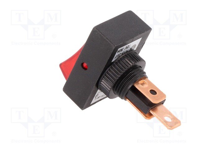 Taustiņslēdzis SPST, ON-OFF, 25A/12VDC, 19x30mm, Ø12mm, lanpiņa 12VDC(sarkana), melna krasa, ar fiksāciju