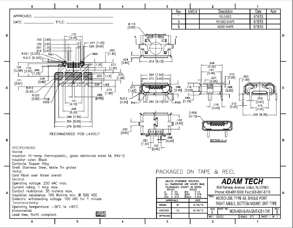 MicroUSB-AB, ligzda 5 pin, leņkisks, SMD veida PCB, 4 piestiprinājuma punkti, kaiņas garums 1.6mm, (ADAM TECH)
