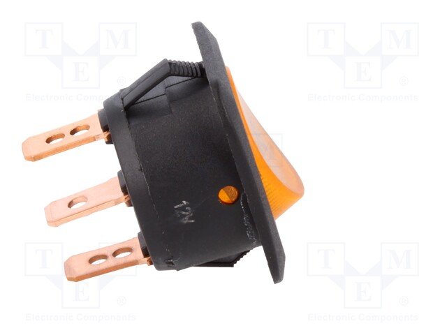 Taustiņslēdzis SPST, ON-OFF, 25A/12VDC, 28x28mm, Ø24mm, lanpiņa 12VDC(dzeltena), melna krasa, ar fiksāciju