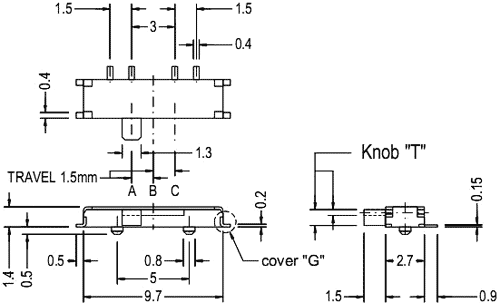 Pārslēdzējs slīdbīdņu SP3T, 0.3A/4VDC, OFF-ON-ON, SMD, 9.7x2.7x1.4mm, viens kontakts uz trīm stāvoklim