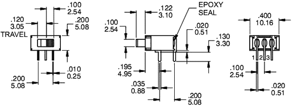 Pārslēdzējs slīdbīdņu SPDT, 3A/120VAC, 3A/28VDC, ON-ON, 10.2x5.08x9.2mm, L=3.1mm, leņķisks, viens kontakts uz divam stāvoklim