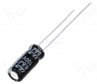 6.8/100V, 105C, Ø5x11mm, ±20%, Kondensators elektrolītisks, 2000h, Elite, ar lokaniem izvadiem