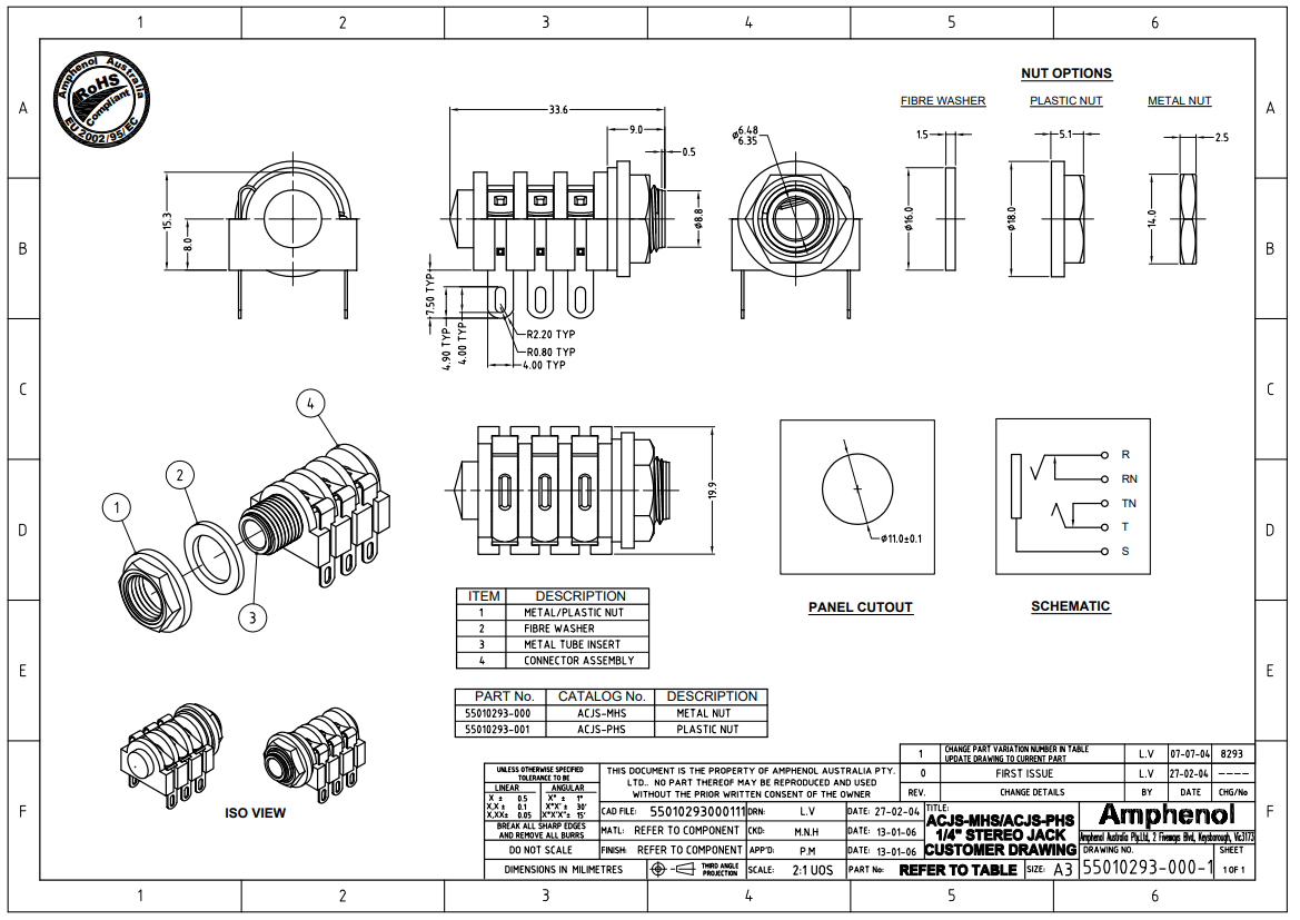 6.35mm ligzda, stereo, plastmasas, vadam, skrūvejamas šasijai M9, metāla uzgrieznis, 2 x on/off, AMPHENOL