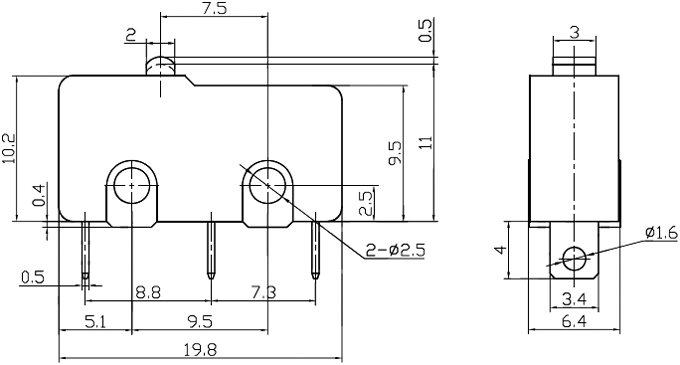 Mikropārslēdzējs bez sviras, SPDT, ON-(ON), 5A/250VAC, IP40, 19.8x6.4x10.6mm, 1.5N, viens kontakts uz parslēgšanu