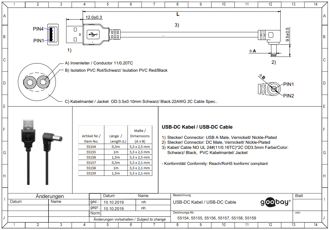 5.5*2.1mm leņķisks/USB A, L=10mm, štekers, taisns, 5V/2A, 0.5mm2, vads, 1m