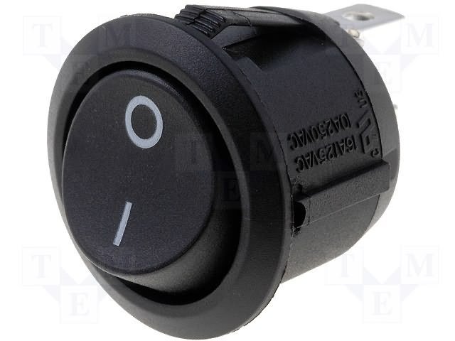 Taustiņslēdzis SPST, OFF-ON, 6A/250VAC, 20A/12VDC, D=23mm, (--O), melna krasa, apaļa, ar fiksāciju