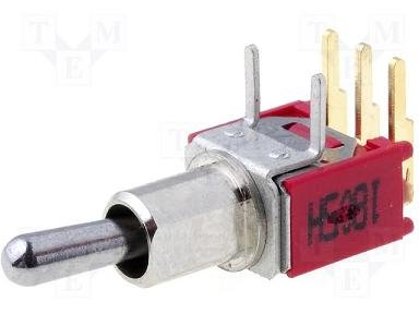 Tumblers, SPDT, ON-ON, 3A/28VDC,Ø5mm, lodēšanai, PCB, 8x10x6mm, ar fiksaciju, leņkisks