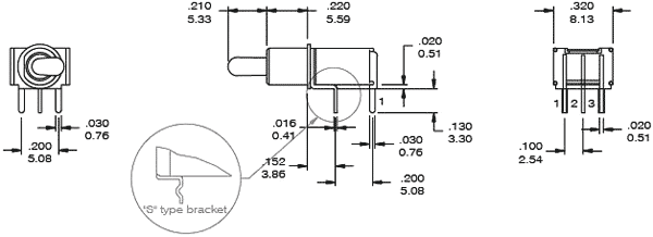 Tumblers, SPDT, ON-ON, 3A/28VDC,Ø5mm, lodēšanai, PCB, 8x10x6mm, ar fiksaciju, leņkisks