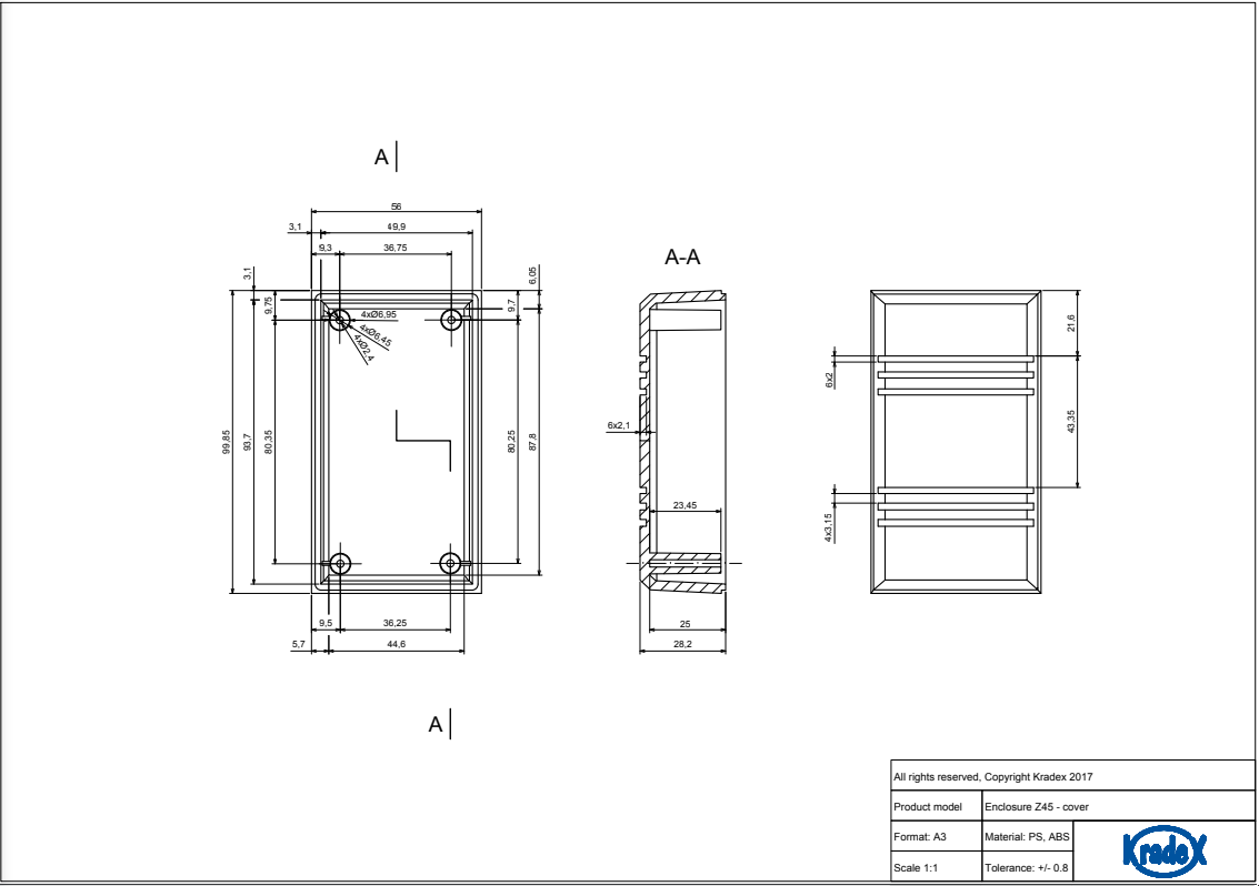 Plastmasas korpuss, 56x100x43mm, ABS, melnā krasa