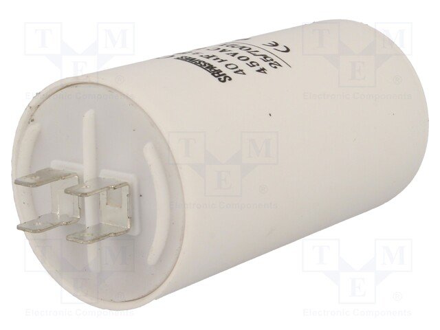 40.0/450VAC, ±5%, elektromotoru kondensators, klemes 6.3mm, 3000h, Ø48x93mm